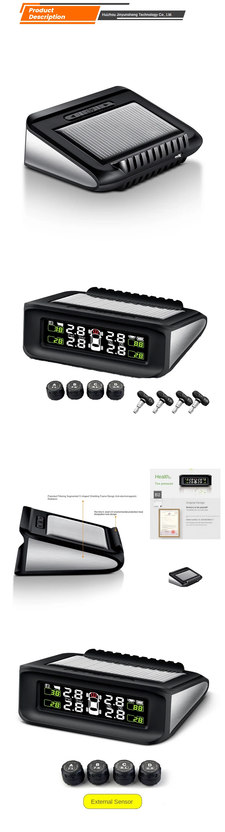 New Condition Digital Car TPMS Tire Pressure Monitor with External Wireless Solar Universal Fitment 4V 1 Year Warranty