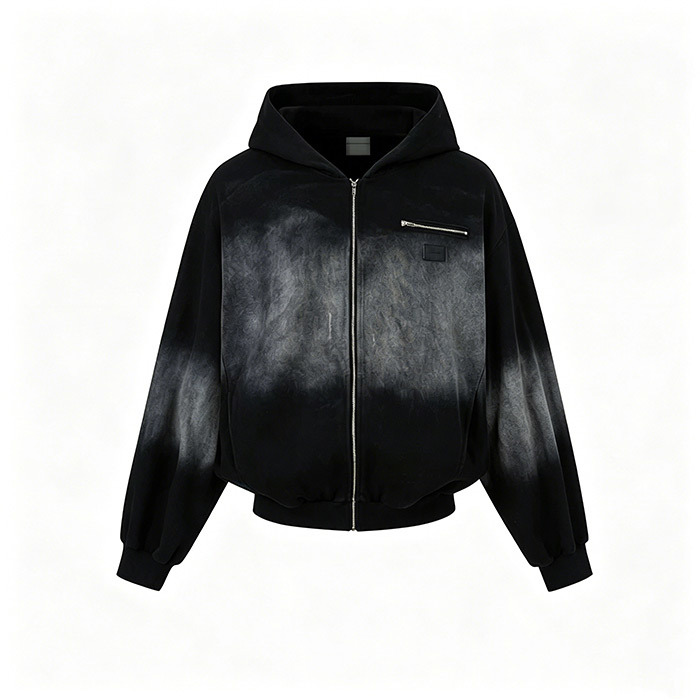 380GSM Men's Heavyweight Hoodie Gradient Vintage Wash Full Zip Hooded Jacket Oversized