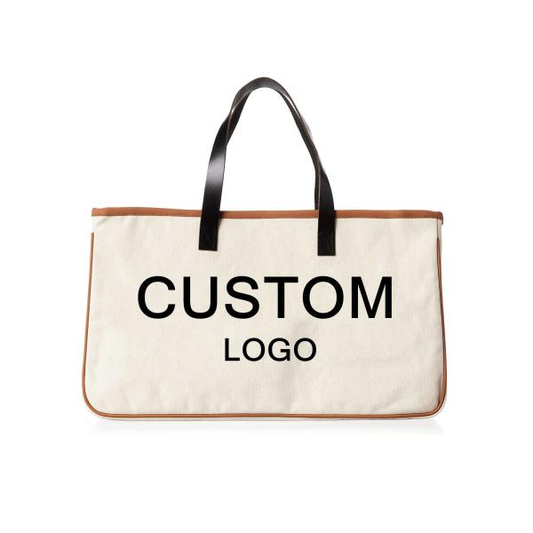 Custom Printed Large Canvas Travel Weekend Getaway Summer Beach Tote Bag with Leather Handles