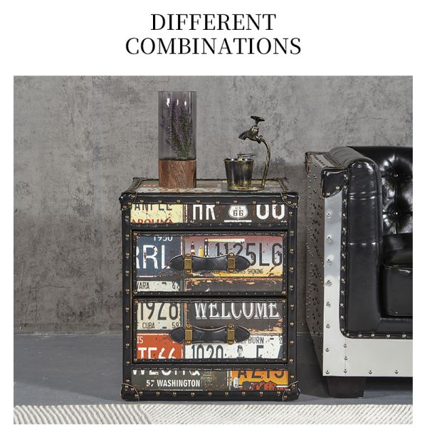 Nidea #313 Handcrafted Durable Multi-Purpose Vintage Wood Antique Home Furniture Living Room Cabinet Retro License Plate Design Featuring