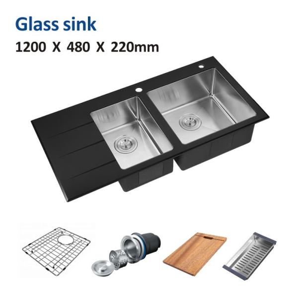 Double Bowl Tempered Glass Kitchen Sink 47' Square Brushed 120x48