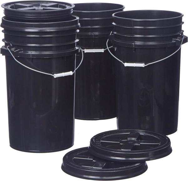 7 Gallon Black Food Grade Buckets + Gamma Seal Lids, BPA Free Container Storage, Durable HDPE Pails