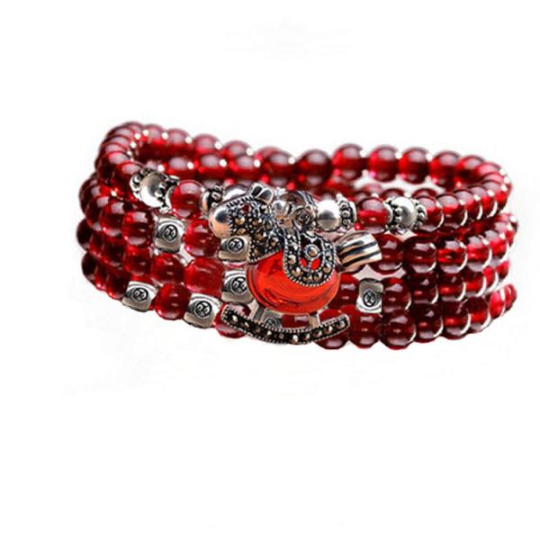 5mm Round Genuine Garnet Beads Bracelet with 925 Silver Marcasite Horse Garnet Charm (B120706)