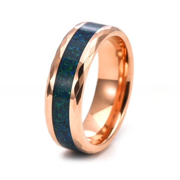 Bague de mariage pour homme en opale bleue de 8 mm, or rose, tungstène facetté, incrustation d'opale colorée broyée, bague de fiançailles de luxe, promesse