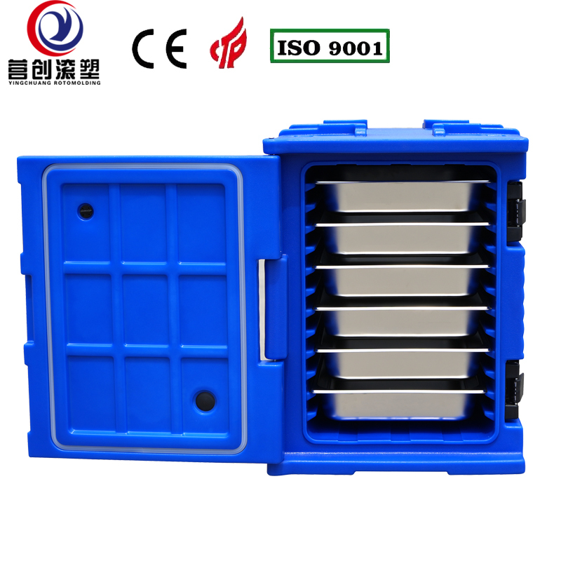 YINGCHUANG ROTOMOLDING OEM 90L Blue Rotomolded Insulated Box With Small Casters, Thick PU Foam Hot & Cold GN Pan Food Transport Cabinet For Central Kitchen Canteen