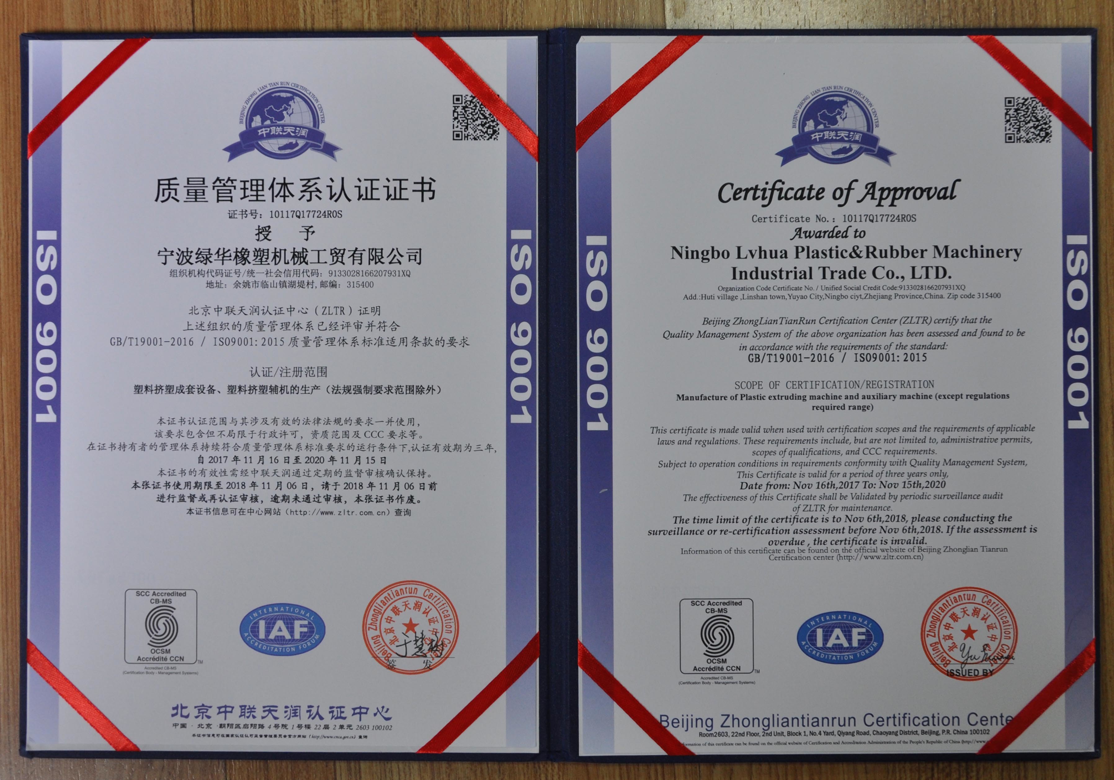 NINGBO LVHUA PLASTIC & RUBBER MACHINERY INDUSTRIAL TRADE CO.,LTD. Сертификации