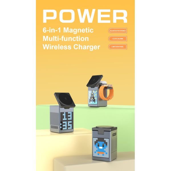 6 In 1 Multi Function Pixel Animation Wireless Charger Alarm Clock Speaker Phone Stand With Integrated Lamp