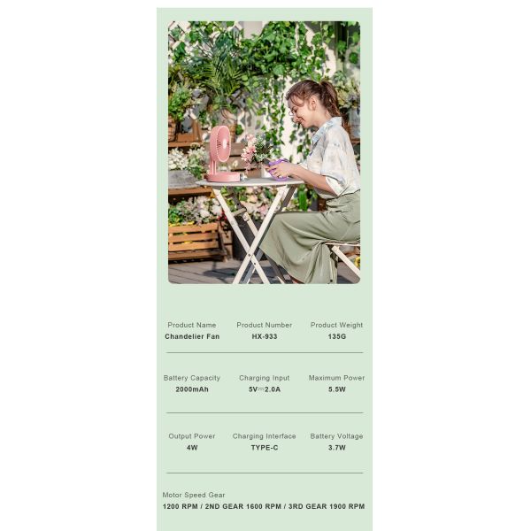 Rechargeable 2000mAh Battery Portable Desk Fan With Hook High Speed Humidify Function