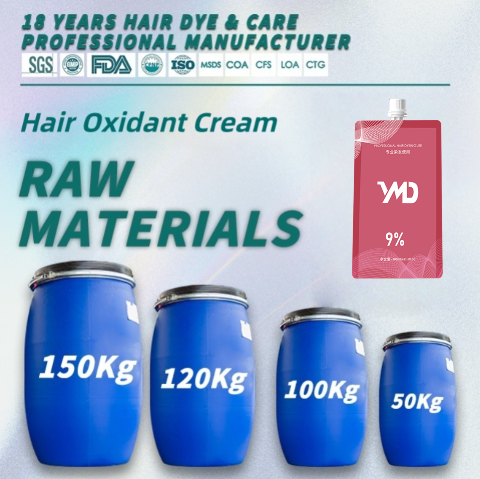 YMD Premium Quality OEM Hair Oxidant Cream Raw Material 3% 6% 9% 12% Permanent Hair Color  Developer
