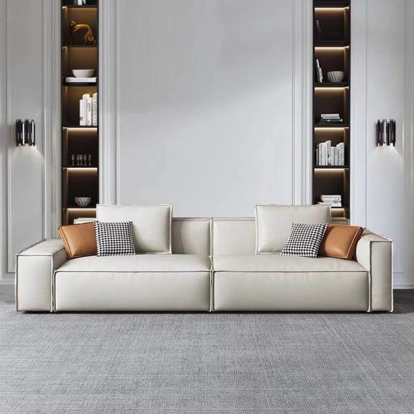 Leather Custom Sofa Bed Straight Row Minimalist Living Room Head Layer Cowhide Caramel Color