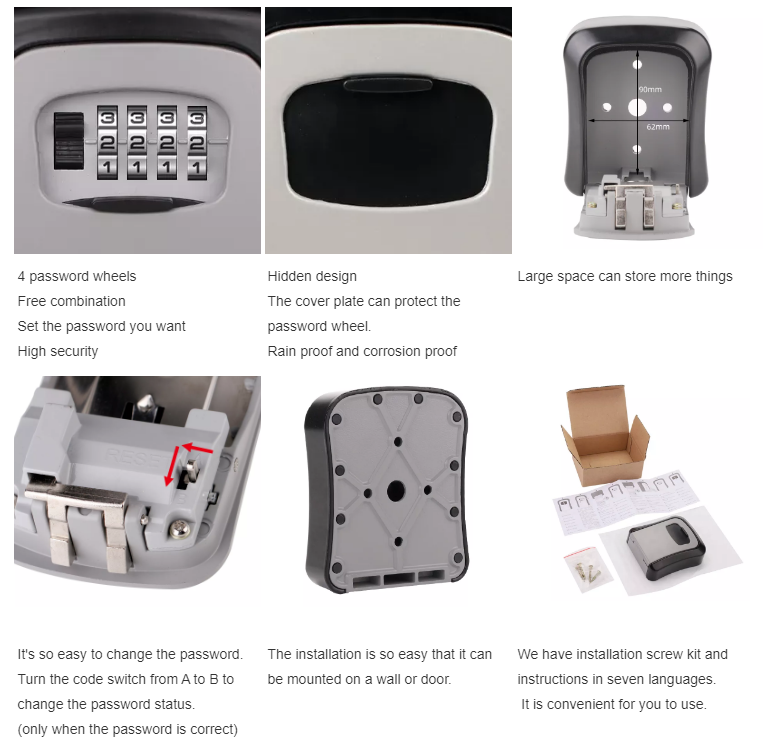 Key Storage Outdoor 4 Digits Wall Mounted Combination Key Lock Box Key Lock Safe Box