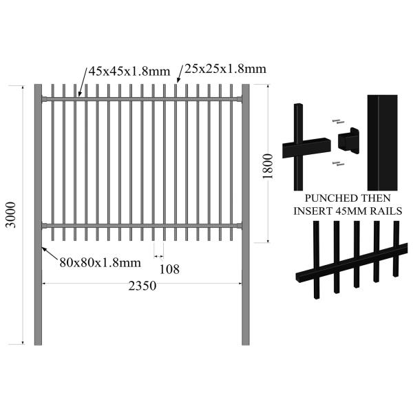 garrison Fence Steel Tubular 2100mm x 2400mm spear 25mm x 25mm