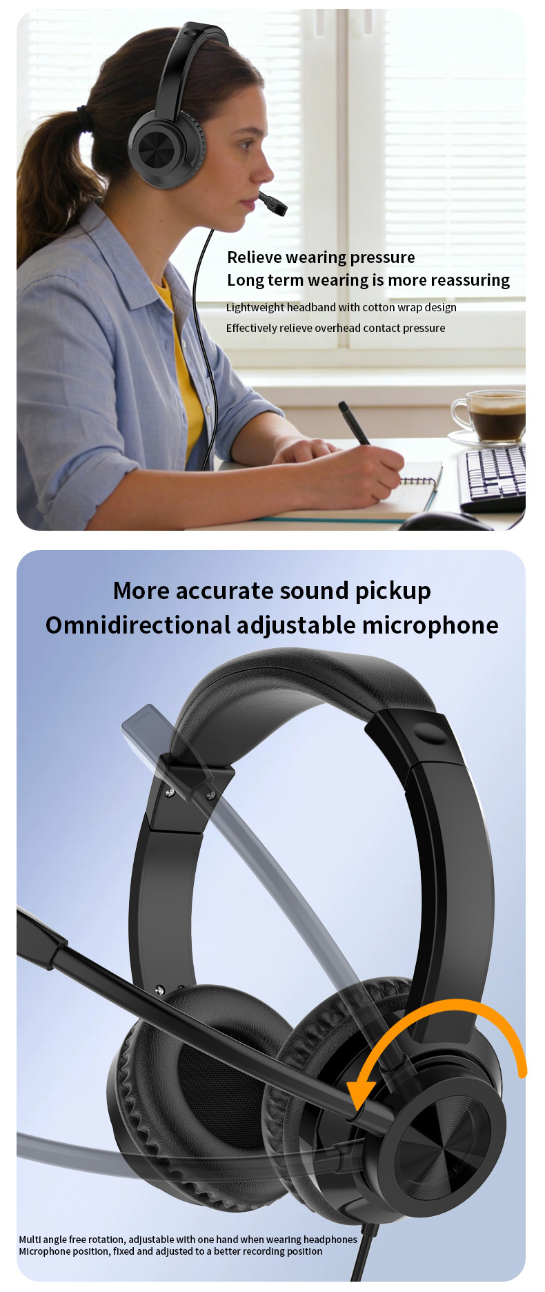JTY-1036 Wired Call Center Headset with Adjustable Microphone, USB Type‑C 3.5mm Multi‑Interface Over‑Ear Headphone, Volume & Mute Control for Office Customer Service Online Class