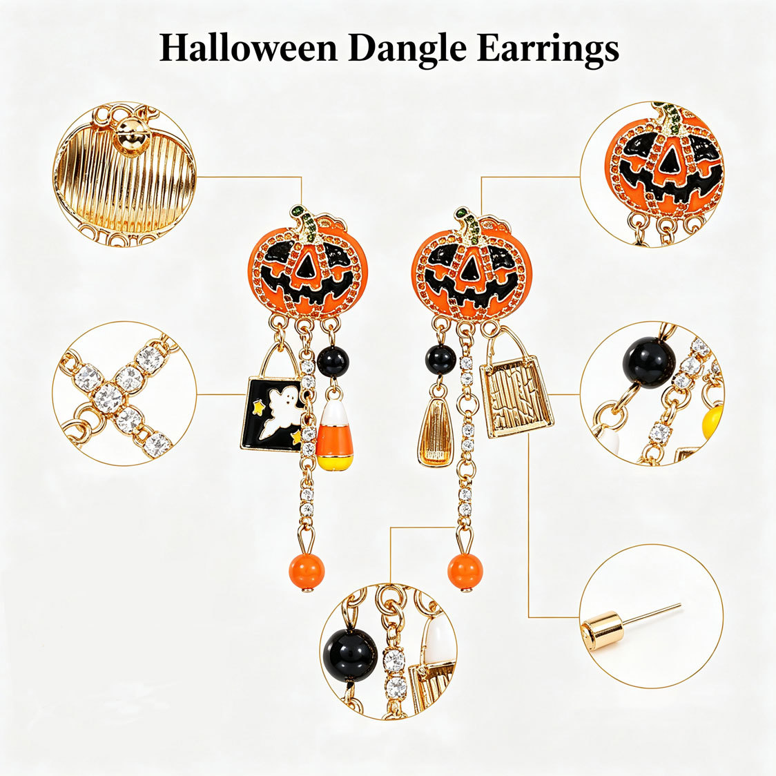 Halloween Pumpkin Dangle Earrings with Rhinestones, Ghost Charm & Candy Corn Drop | Spooky Holiday Fashion Jewelry