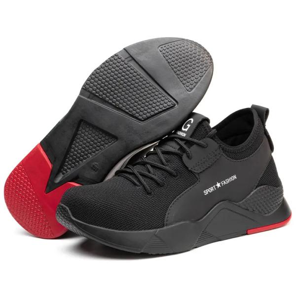 Black Men'S Casual Steel Toe Work Shoes , Sports Safety Shoes With Knitted Fabric Upper