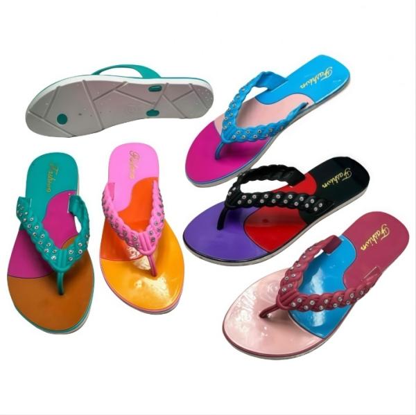 PVC Women Braided Rhinestone Strap Thongs With Color Block Sole And Brand Mark