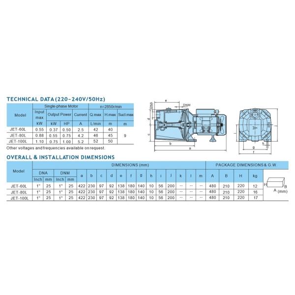 JET électrique 100 de pompe à l'eau 1HP avec le certificat 220V 50HZ de la CE