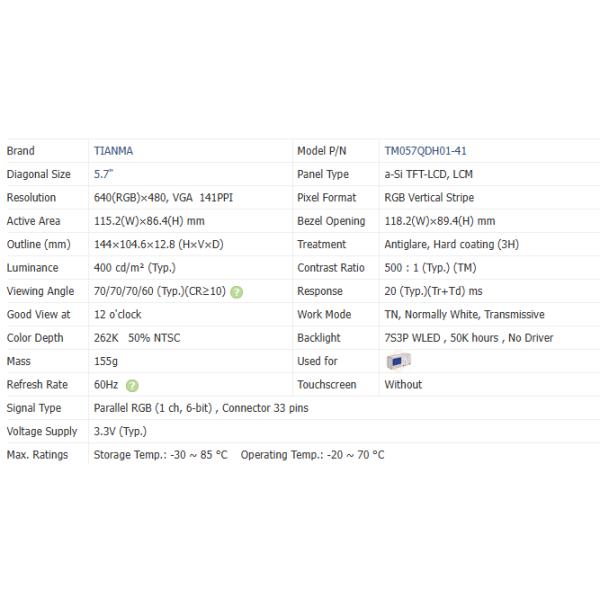 640×480 Custom Tft Display VGA 400cd/M2 141PPI 5.7 Lcd Panel TM057QDH01-41