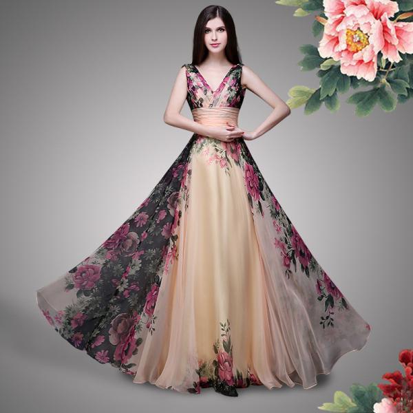 Double Shoulder Straps Rose Print Flower Bridesmaid Dress Chiffon Bridesmaid Dress