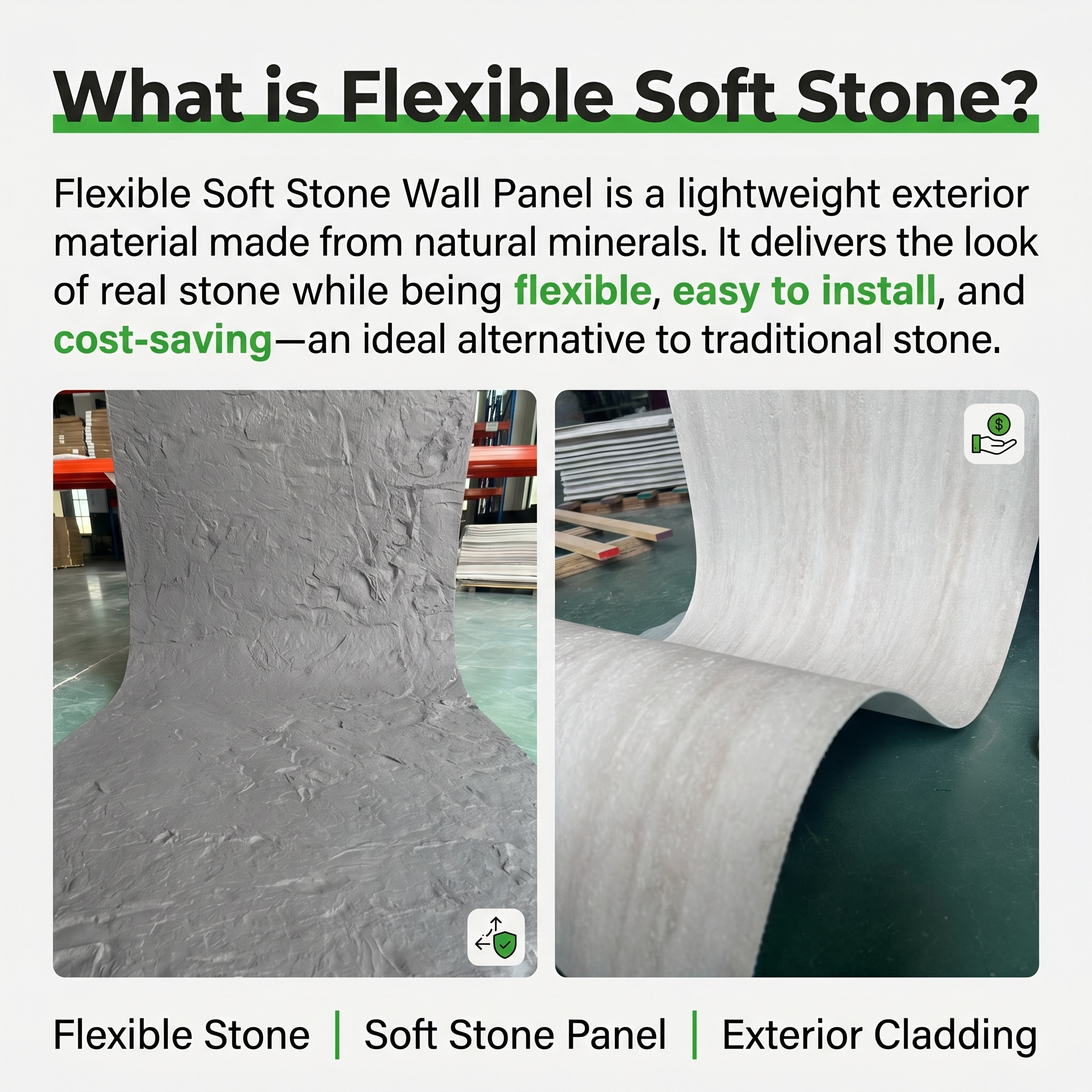 Flexible Stone Wall Panel Bendable Waterproof Eco-Friendly Soft Stone Veneer for Interior/Exterior Classic Living Room Apartment