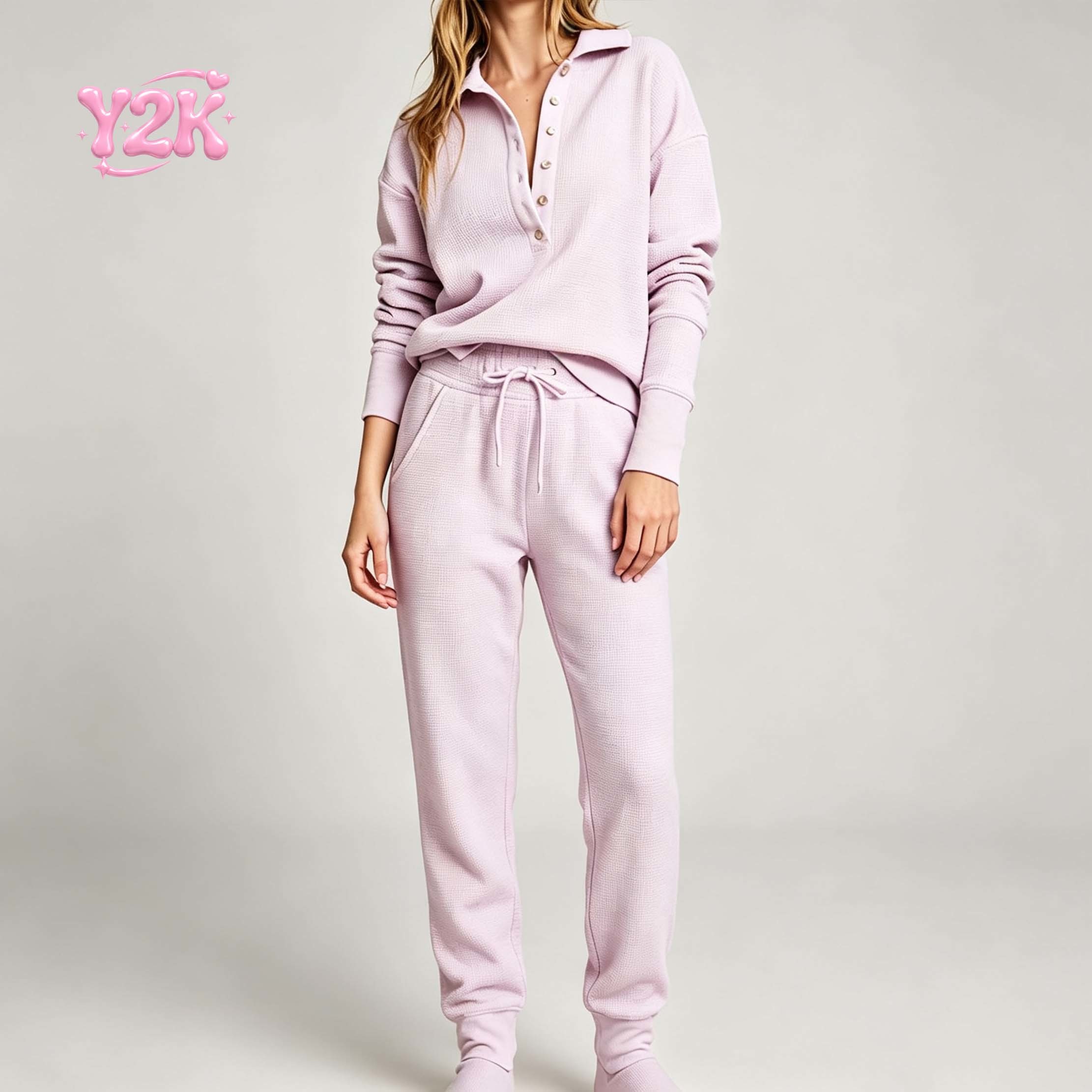 Custom Women's Waffle Knit Polo Top Jogger Pants Lounge Set