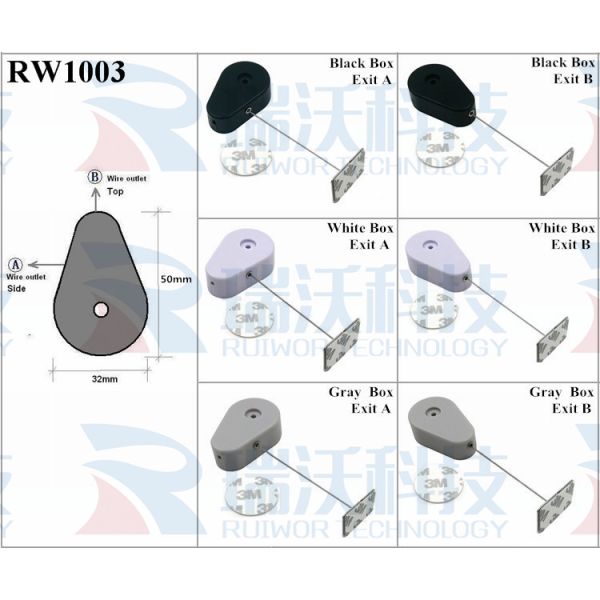 RW1003 Drop-Shaped Retractable Security Tether With Steel Wire Plus Rectangular Adhesive Metal Plate For Retail Products Display