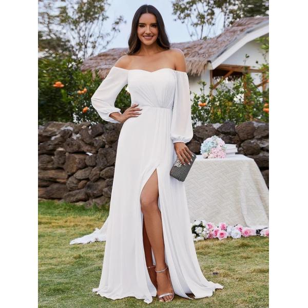 Plus Size Ruffled Long Sleeve High Slit Off-shoulder High Slit Burgundy Chiffon Prom Dress