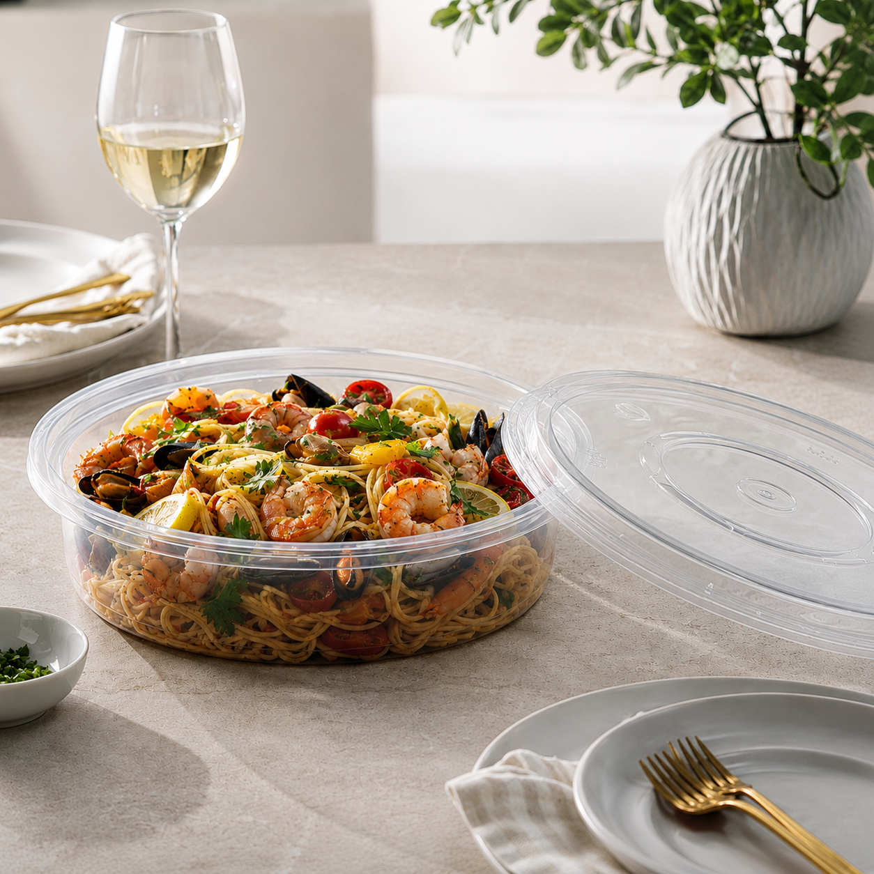 PP Party Platter Disposable Serving Bowl 3580ml Extra Wide with Clear Fitted Lid