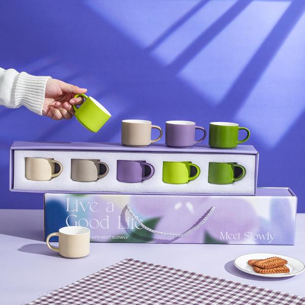 Ceramic Mug Set Premium 5 Piece Coffee Cup Collection Purple Gift Box Packaging Slow Living Theme