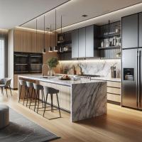 Conceptions modernes de placards de luxe sur mesure en acier inoxydable, fabricant d'îlots de cuisine pour appartements et maisons, laque et placage