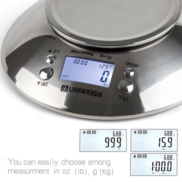 Balance de cuisine numérique en acier inoxydable haute précision 5 kg / 1g avec bol de pâte à crème amovible et batterie de chronomètre de pièce alimentée