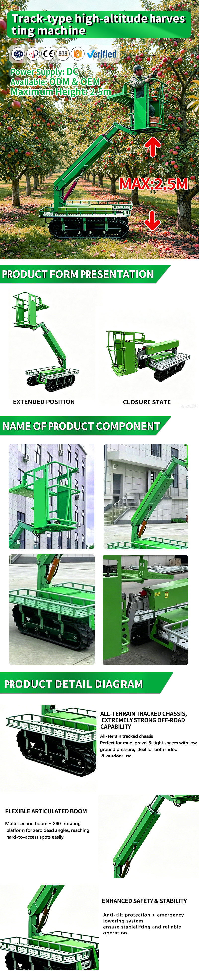 Aerial Tracked Picking Boom Lift Platform 100kg 2.5m Compact Orchard Crawler For Tree Pruning