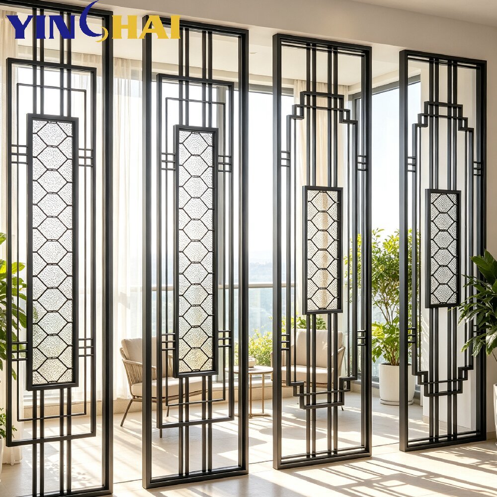 Custom Black Stainless Steel Screen Partition With Geometric Line Design