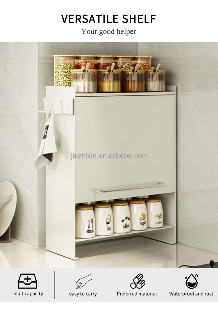 4 Layer Iron Standing Type Living Room Ceramic Mug with Side Pull Door Storage Cabinet Kitchen Seasoning Jar Bottle Organize Box