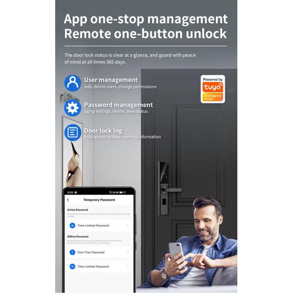 Код RFID IC-карта Смартфонный приложение Разблокировать биометрический отпечаток пальца Умный замок Туя Умный Wi-Fi Цифровой дверной замок