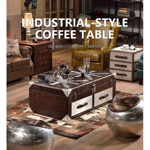 Nidea #8627 Vintage Industrial Coffee Table Double Drawers Aluminum Rivet Union Jack Crackle Leather Cabinet-Style Wooden Base Hotel Loft