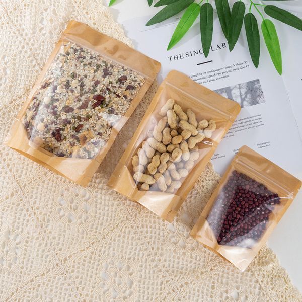 Customizable Stand up Pouch With Window  Kraft Paper Food Packaging Bag Ziplock Bag