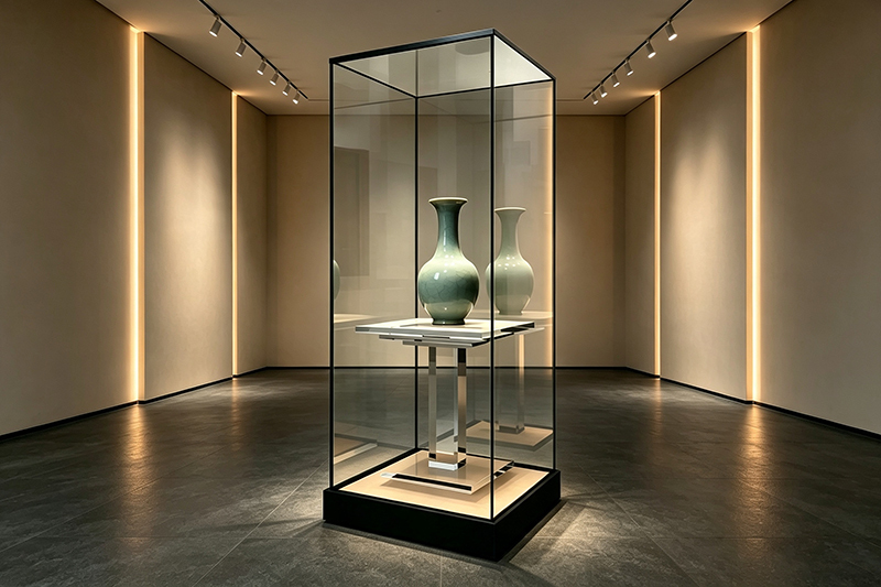 Museum-Grade Anti-Reflective Glass Display Cabinet With Ultra-Slim Black Metal Frame And Floating Acrylic Display Plinth