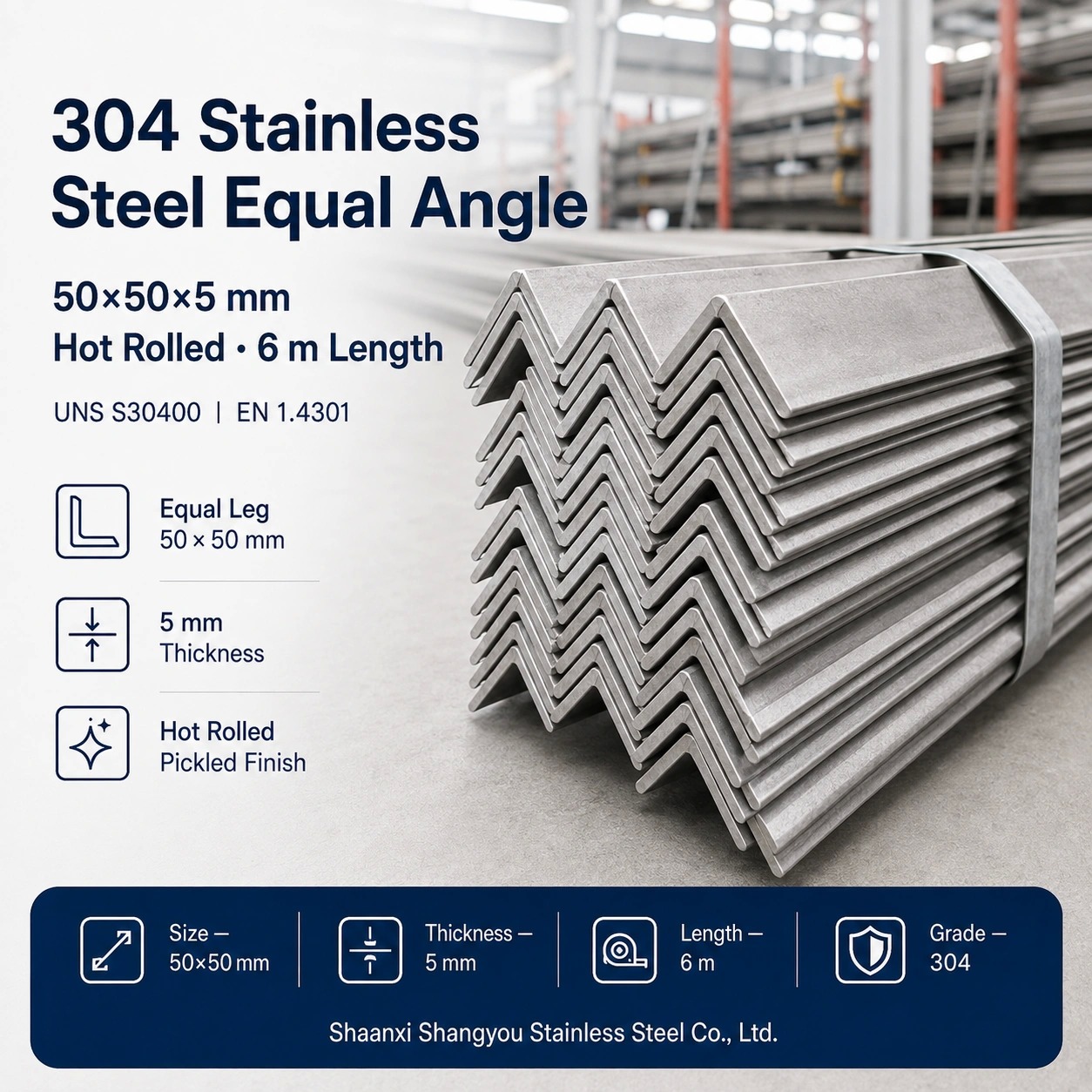 304 Stainless Steel Equal Angle 50x50x5mm Hot Rolled in 6m Length
