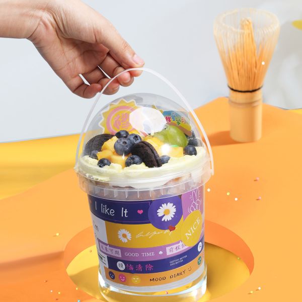 500ml 750ml 1L Clear Customized Plastic Bucket Food Grade Bucket With Hemispherical Dome Cover and Handle for Popcorn Cream Cake