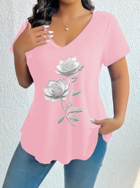 2026 New Arrival: Plus-Size Printed Short-Sleeve T-Shirt for Women – Casual, V-Neck, Loose-Fitting, Comfortable, and Versatile Top