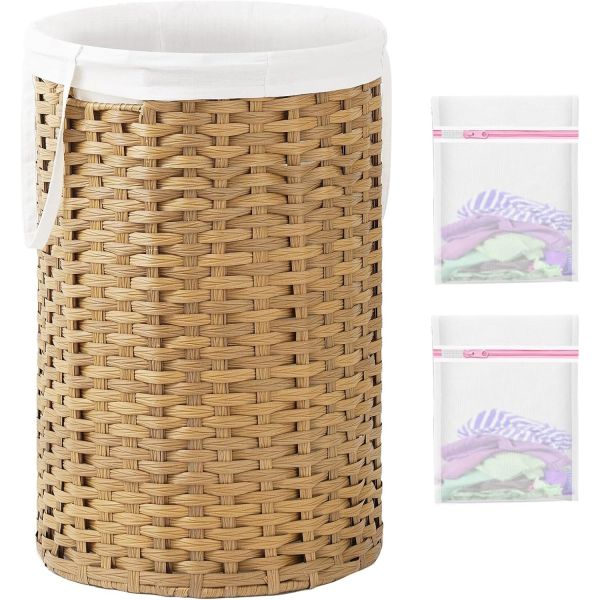 Large Laundry Hamper Laundry Basket Round Handwoven Wicker Laundry Baskets Rattan Laundry Basket With Removable Bag Handles 2 Mesh Bags For Living Room Bedroom Natural