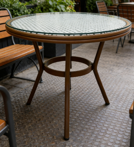 4 Seater Aluminum Rattan Round Dining Table with Glass Top Foroutdoor Restaurant Café Shop