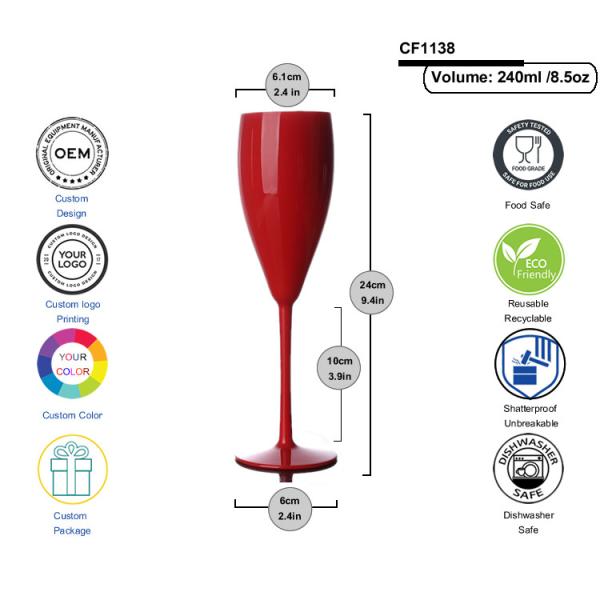 Reusable Plastic Champagne Glasses Party Red Polycarbonate Champagne Flutes 240ml 8.5oz