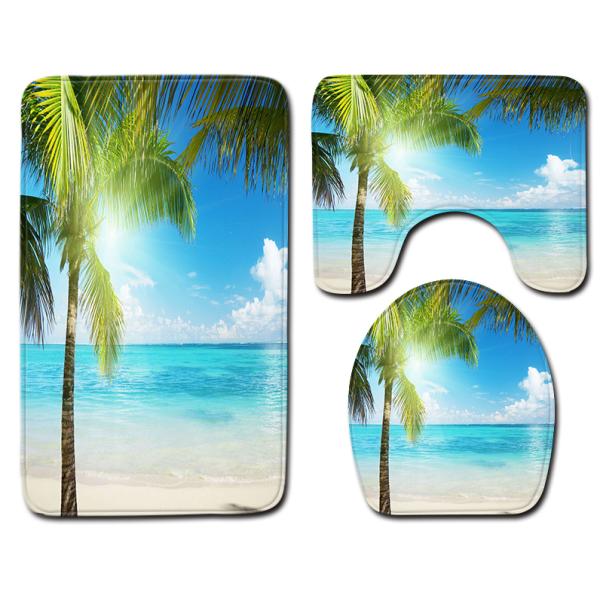 Washable 3 Piece Toilet Mat Set Sea And Sand Beach Scene Bath Mat