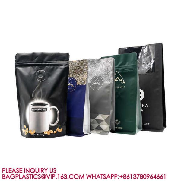 Compostable Flat Bottom Kraft Paper Coffee Pouch Packaging Bags With Valve And Zipper