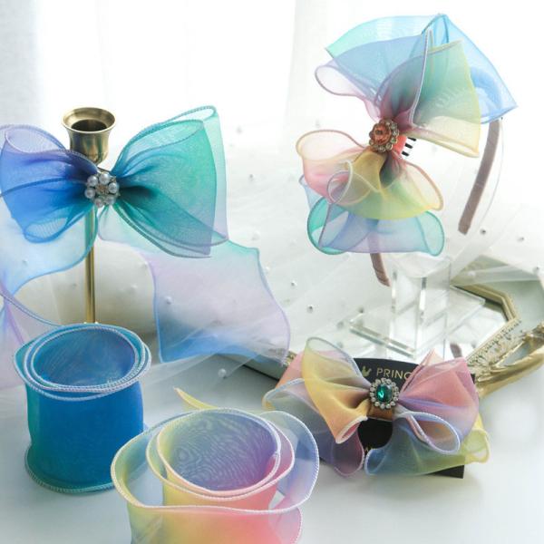 Korean imported rainbow grilled edge fungus rolled edge yarn handmade DIY jewelry hair clip bow ribbon children's headwear