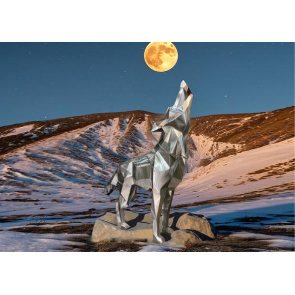 Giant 3-meter Stainless Steel Animal Mirror Geometric Wolf Sculpture