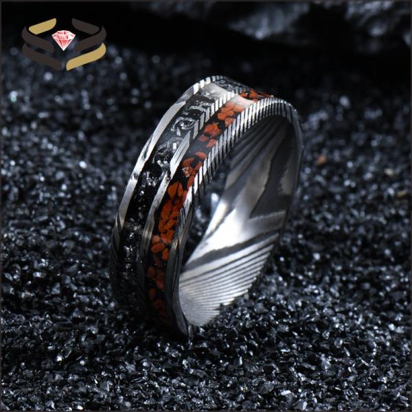 Round Flat Men Damascus Steel Wedding Bands 8mm With Meteorite And Dinosaur Bone Inlay