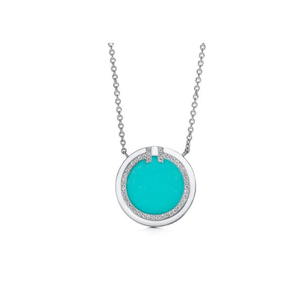 18k White Gold Diamond And Turquoise Circle Pendant with 16-18inch Chain